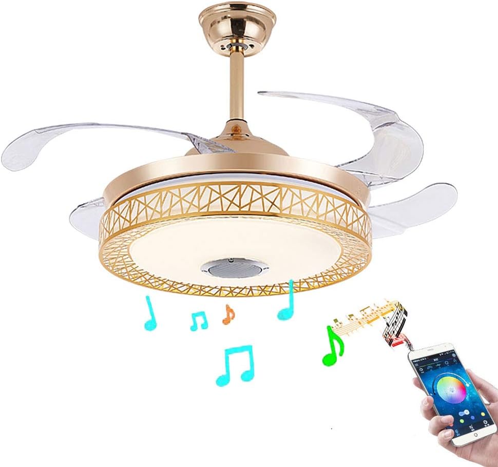 42 Inch Invisible Ceiling Fan with Light and Remote Control, Creative Bluetooth Retractable Blades Chandelier Fans with 3 Lights Change and 3 Speeds for Bedroom Dining Room
