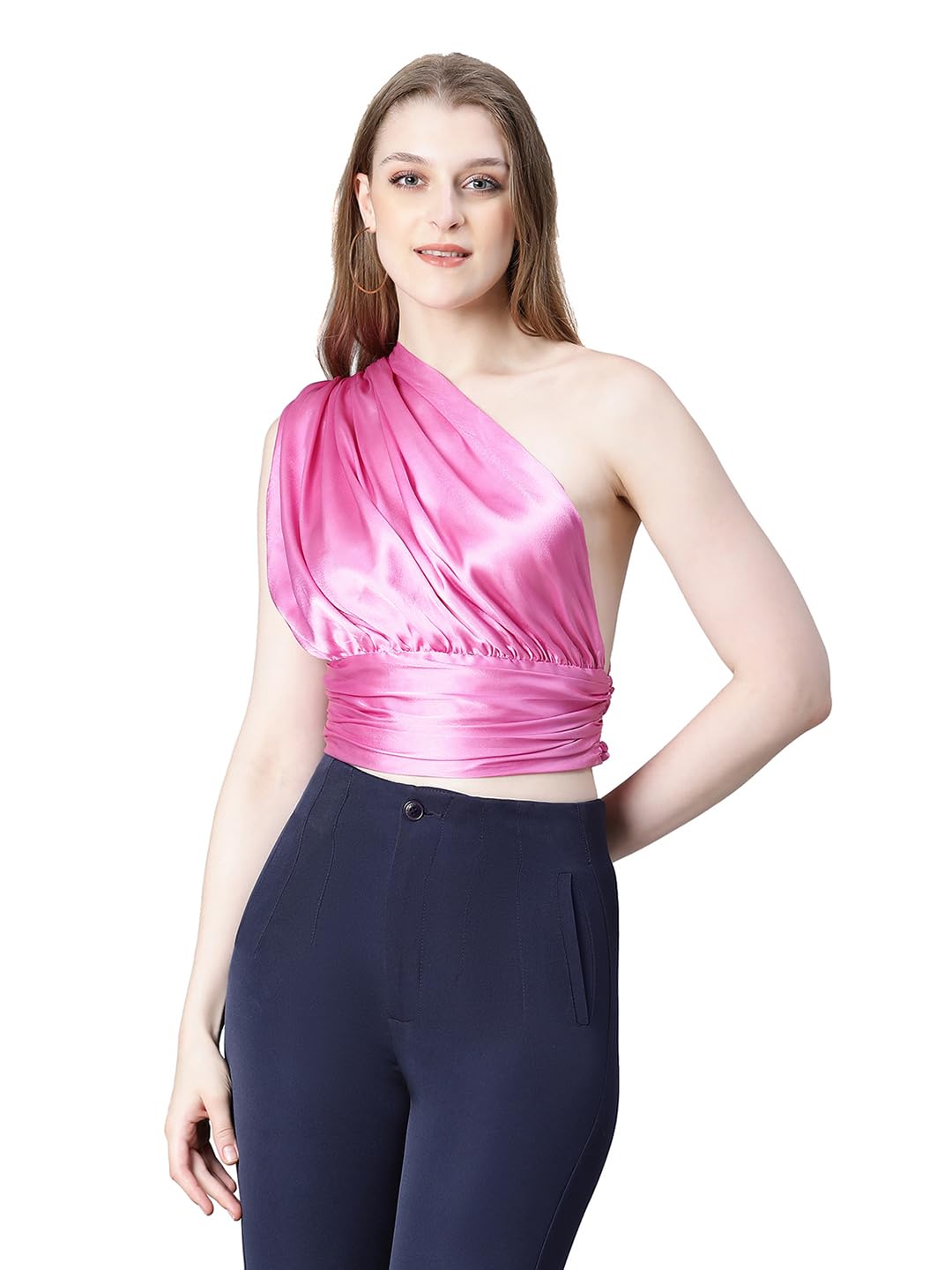 oxolloxo Women Solid Elasticated One-Off Shoulder Satin Crop Top-picture-31