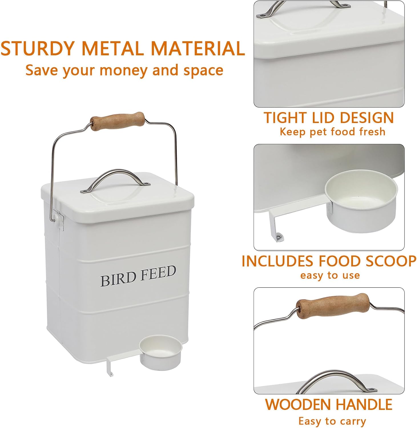 Morezi Bird seed and feed storage tin with lid Included - white-coated carbon steel - tight fitting lids - storage canister tins - White
