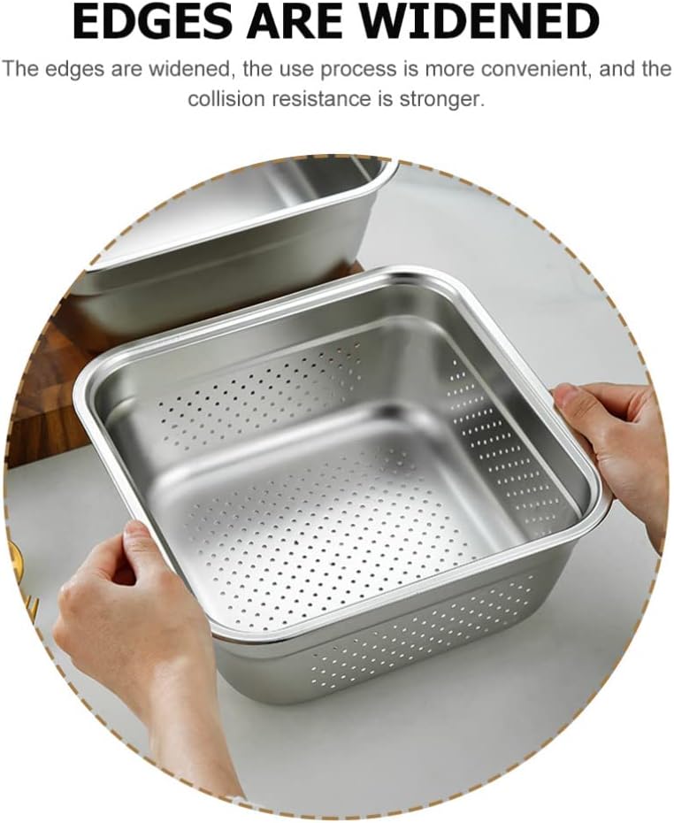 Zerodeko Stainless Steel Colander Square Basin 9.84 X 9.84 X 3.74 in Rice Strainer and Vegetable Washing Basket for Fruit Rice Draining and Kitchen Rinsing