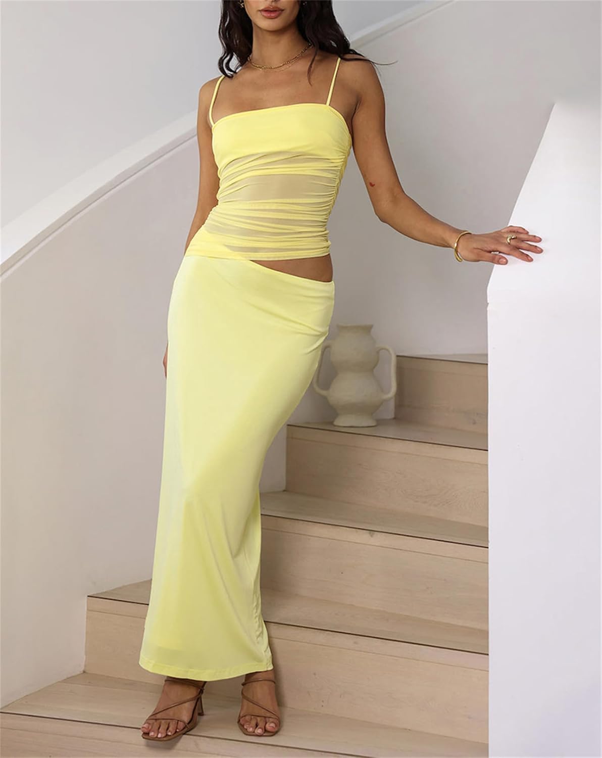 Two Piece Skirt Set for Women - Summer Vacation Outfits Sleeveless Asymmetrical Mesh Tank Crop Top Maxi Long Skirts - Image 3