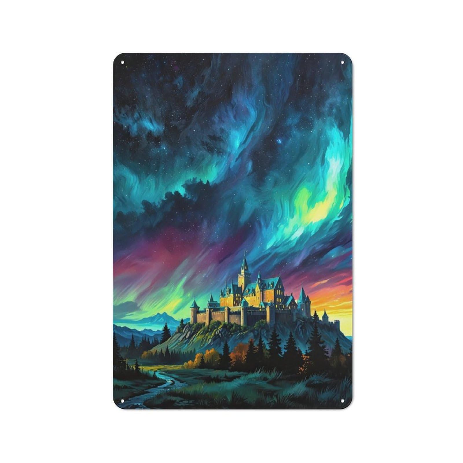 Junmoney Aurora Borealis And Castle 30X20cm Industrial-Style Tin Sign With For Hallway Wall, A Metal Wall Feature For A Newly Arranged Hallway