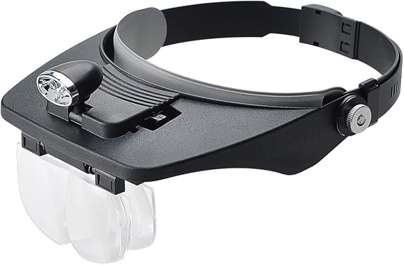 Headband Magnifier with 2 LED Light,Handsfree Headset Loupe Head Mounted Magnifying Glasses with 4 Detachable Lenses for Reading,Electronic Repair,Jewelry,Sewing,Crafts,Watch (Black)