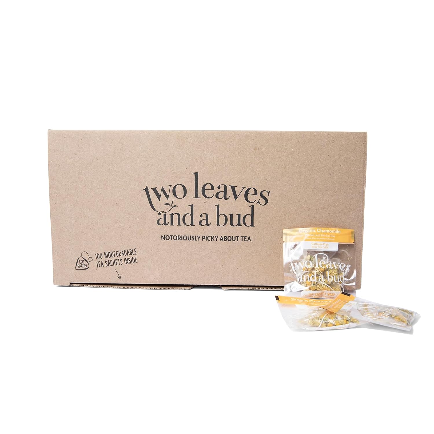 Two Leaves and a Bud Organic Chamomile Tea Bags, Naturally Caffeine Free, Whole Leaf Herbal Chamomile Tea in Compostable Sachets, 100 Count (Pack of 1)