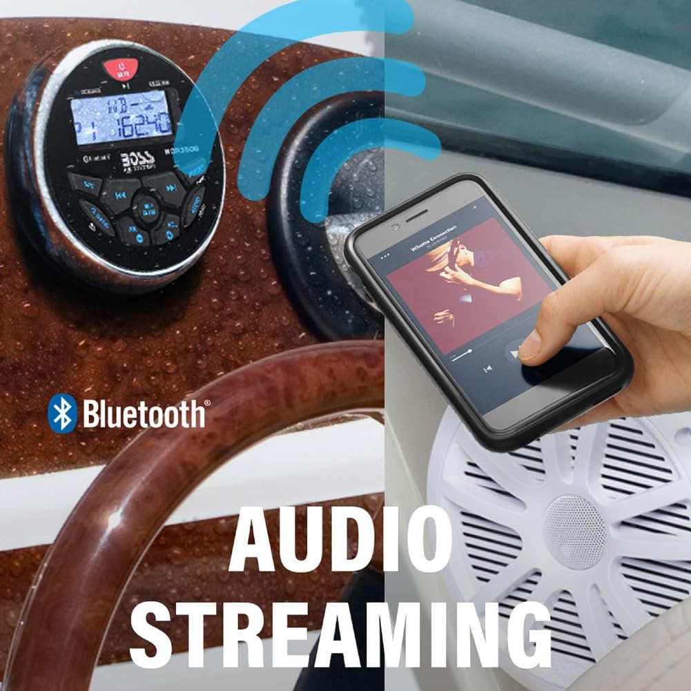 KIT SET PER BOSS AUDIO SYSTEMS MCKGB350W.6 1 kit marino con ricevitore AM/FM bluetooth waterproof, una coppia di altoparlanti MR6W da 16,5 cm 6,5" 90 watt rms 180 watt max e una dipole antenna, 1 kit