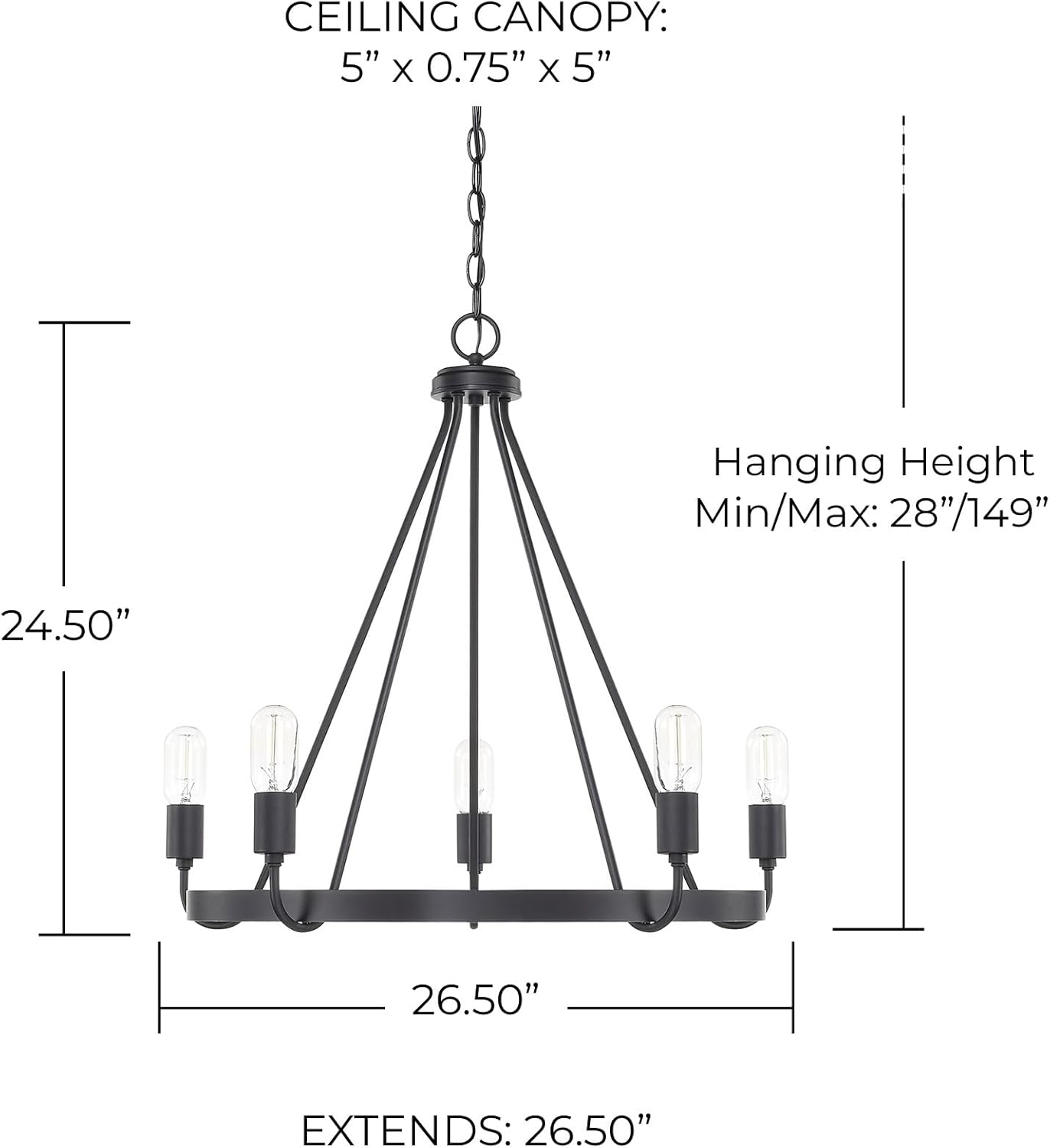 HomePlace by Capital Lighting 420061MB Tanner Urban/Industrial Round Chandelier, 5-Light 500 Total Watts, 25" H x 27" W, Matte Black