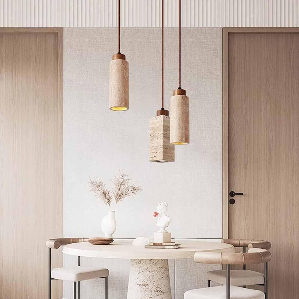 TRIVIDHA Lámpara Colgante Moderna De Tubo Largo con Piedra Lámpara Colgante De Piedra Cilíndrica Rústica para Isla De Cocina Lámpara Colgante De Altura Ajustable con Base De Madera para Comedor