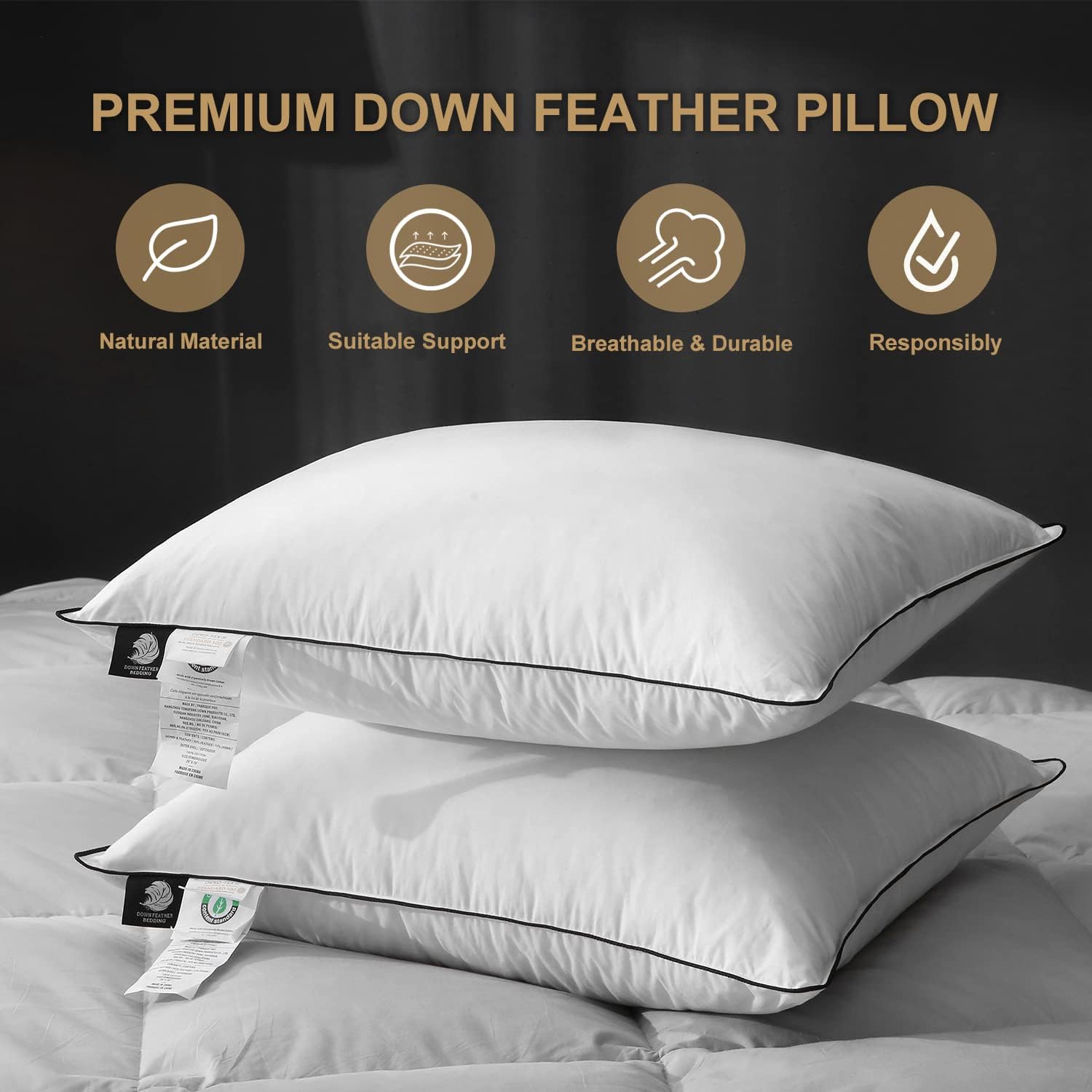 DWR Goose Feather Down Pillow for Sleeping 2 Pack, King Size Organic Cotton Hotel-Style Bed Pillow Inserts, Soft Medium Pillow for Stomach and Back Sleeper (20x36, Set of 2)