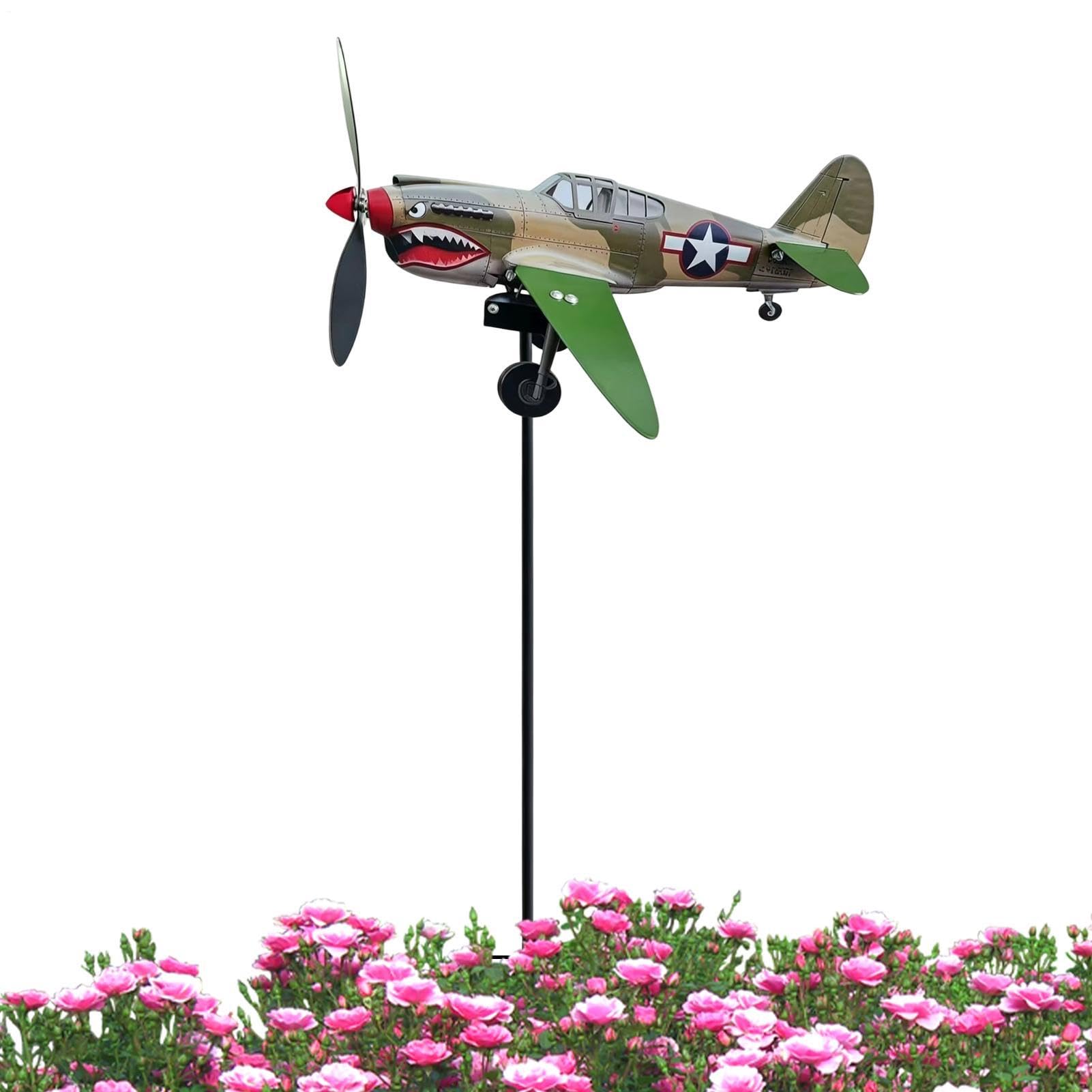 Molino de Viento de Aviones de Metal, Molinillo de Viento de avión de Guerra con de tiburón, molinillos de Viento de Hierro 3D, Divertida Paleta Resistente a la Intemperie para césped, jardín