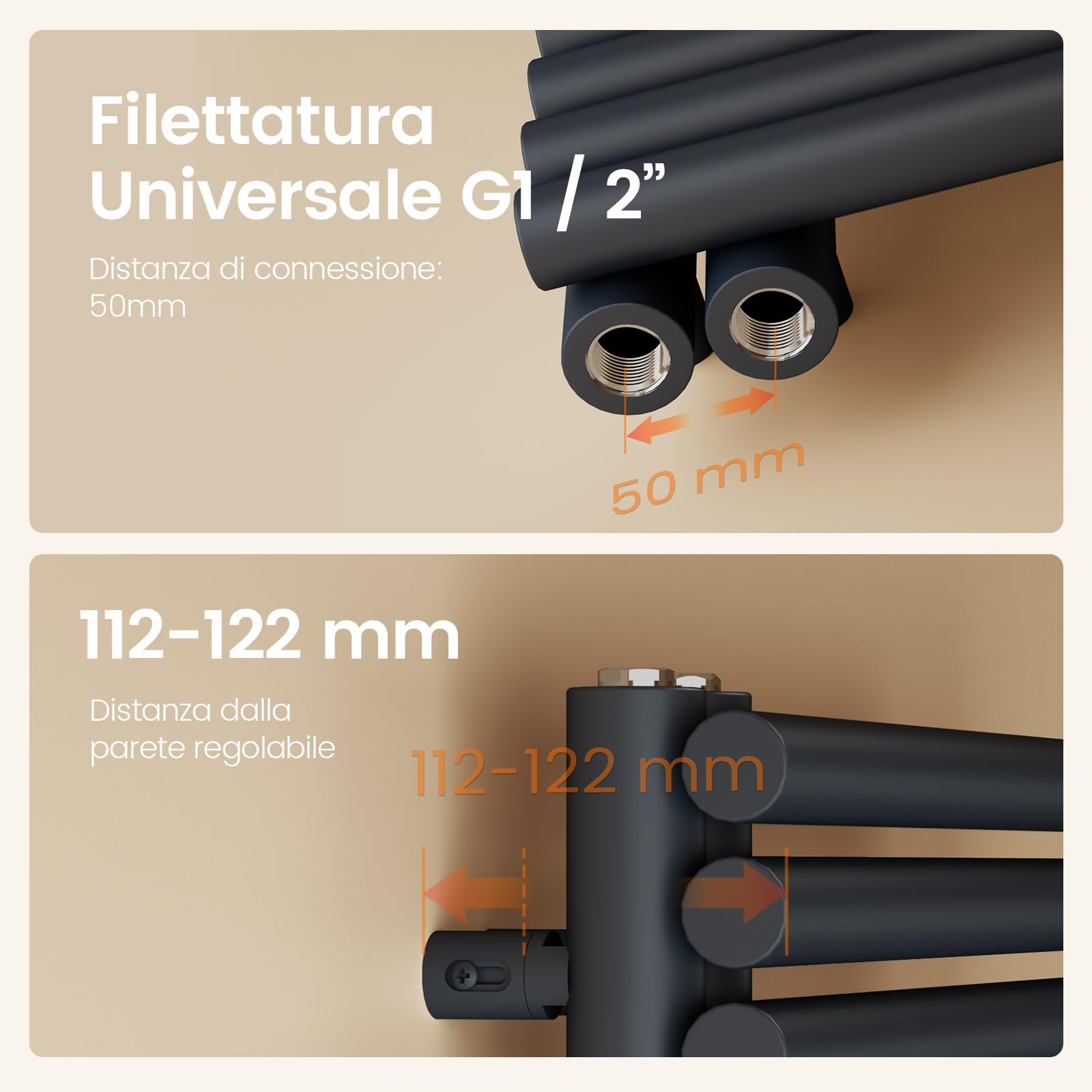 EMKE Scaldasalviette termoarredo a acqua calda per bagno, 1265 x 600 mm, Tubo rotondo Porta asciugamani, Scaldasalviette con attacchi laterali,Antracite 776W