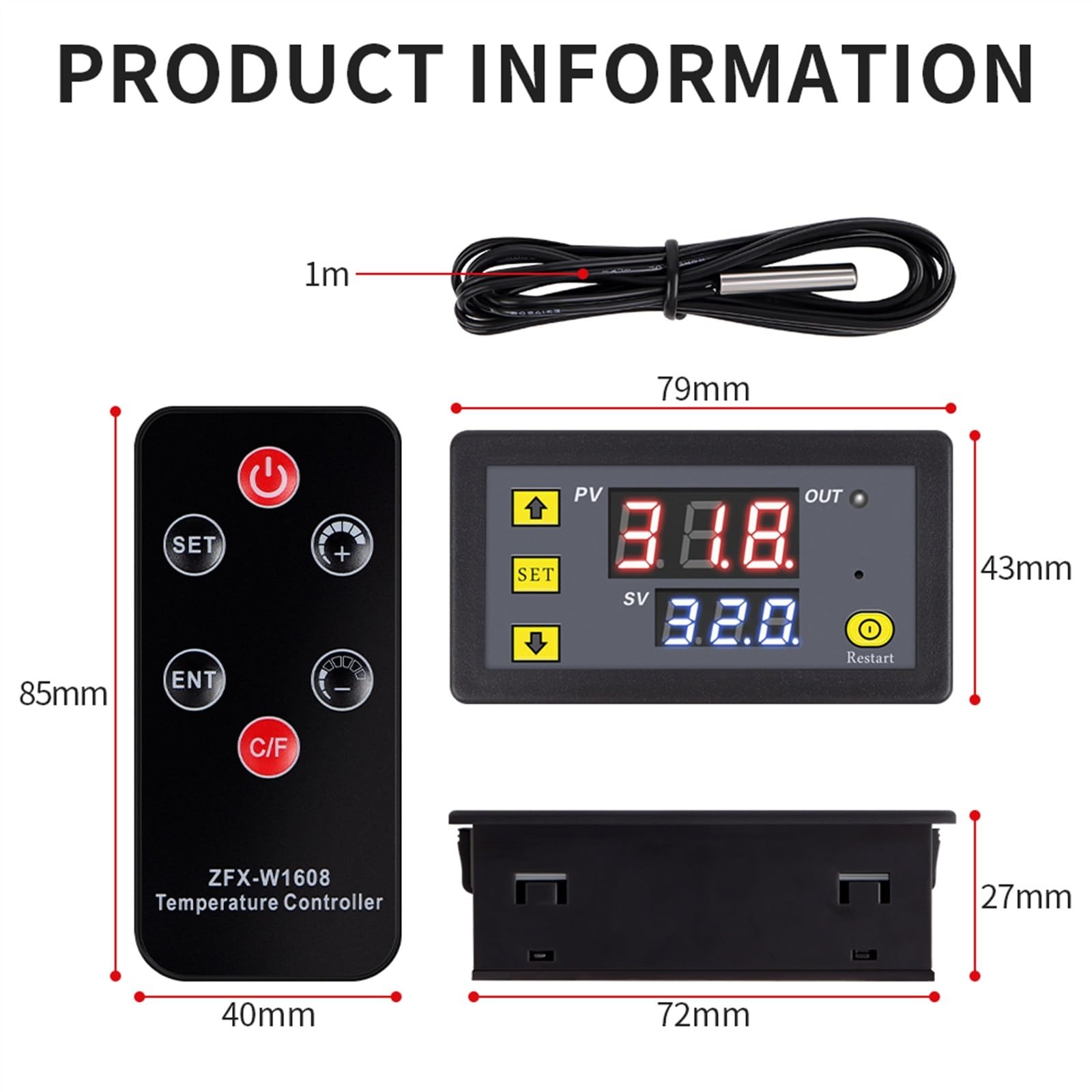 Regolatore di temperatura digitale for telecomando Regolatore termostato DC12V Sensore NTC for frigorifero Congelatore interno ZFX-W1608