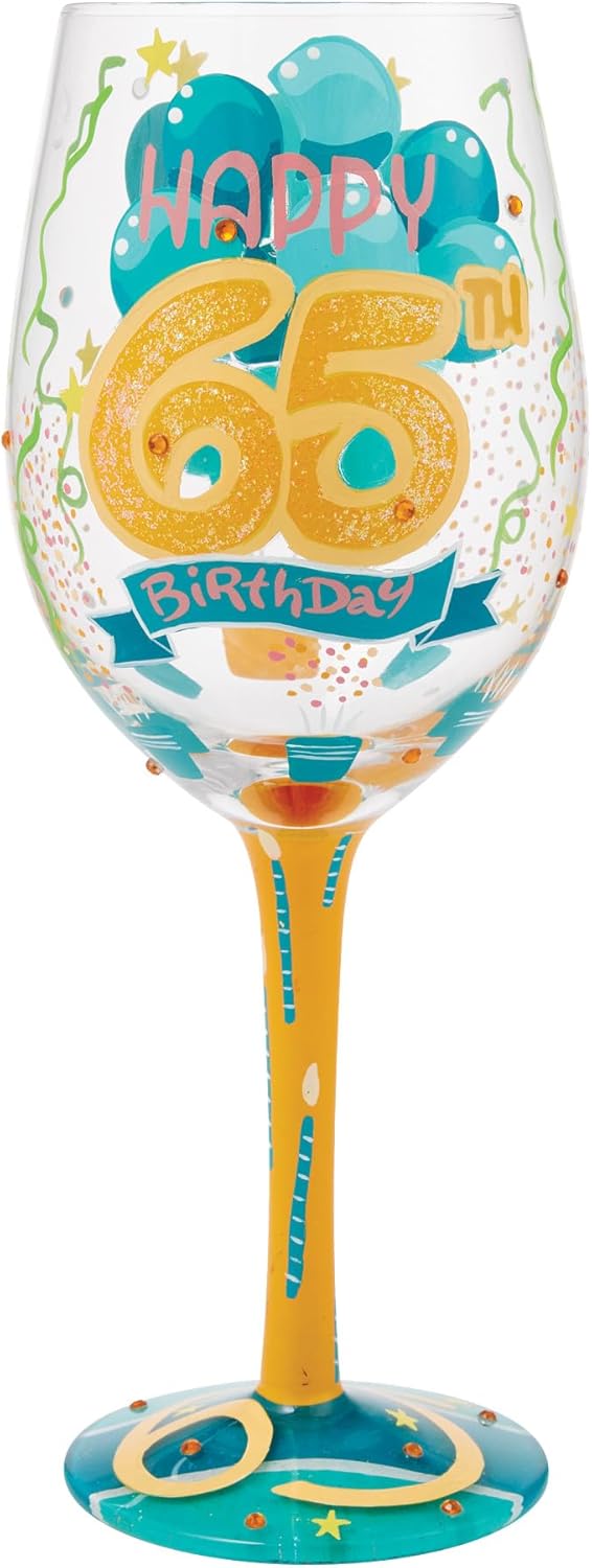 Enesco Lolita Happy 65th Birthday Hand-Painted Artisan Wine Glass, 15 Ounce, Multicolor