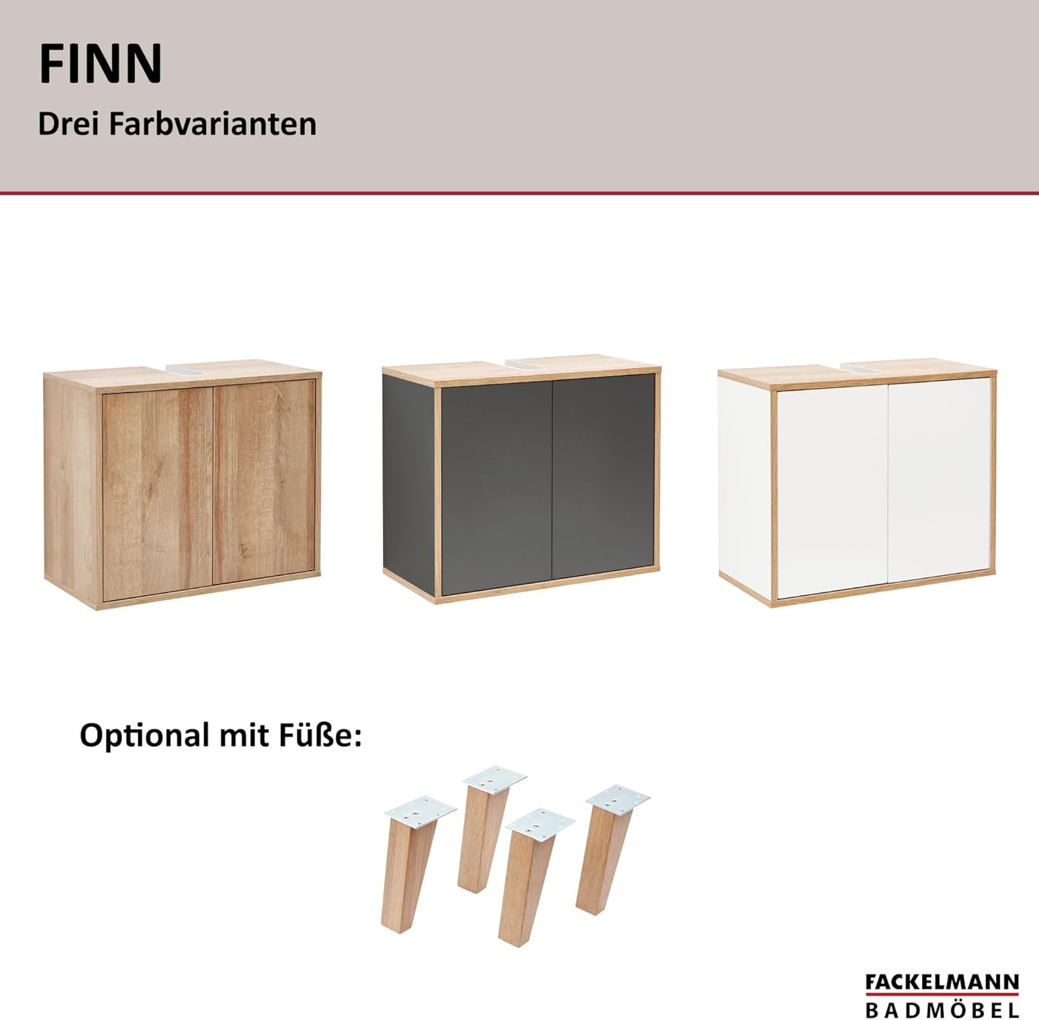 FACKELMANN Finn Vanity Unit (60 x 50 x 30.5 cm) - Basin Cabinet with Cut-outs for All Connections - Bathroom Cabinet with Oak Wood Doors