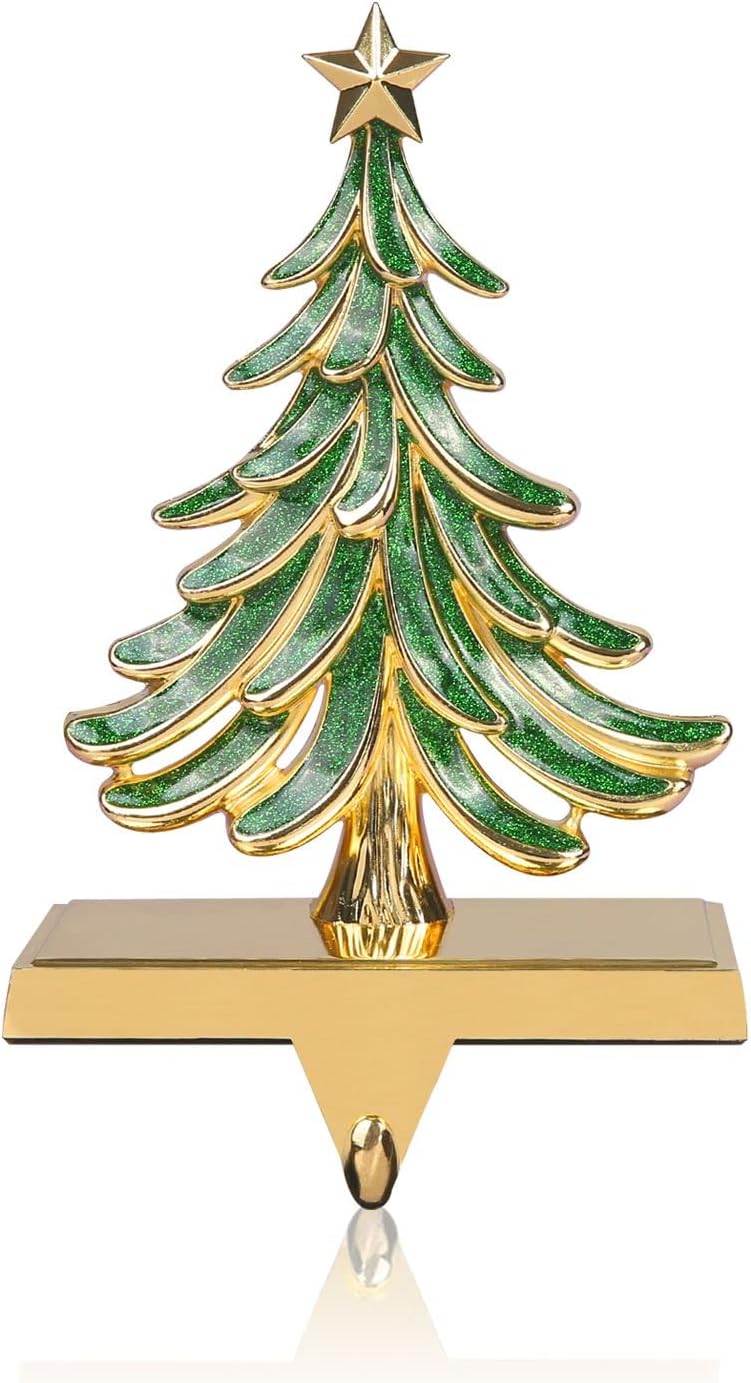 JUSTOTRY Christmas Stocking Holders for Mantle Glitter Green Xmas Tree Gold Stocking Holder for Fireplace Home Decor Holiday Gifts Christmas Decorations Supplies Non-Skid Durable and Sturdy Gold & Green 1Pc