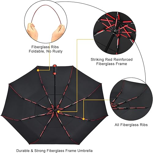 Miniatura 3 de Lejorain Paraguas plegable compacto de viaje Paraguas portátil negro doble toldo automático resistente al viento Plegable llamativo rojoamarillo