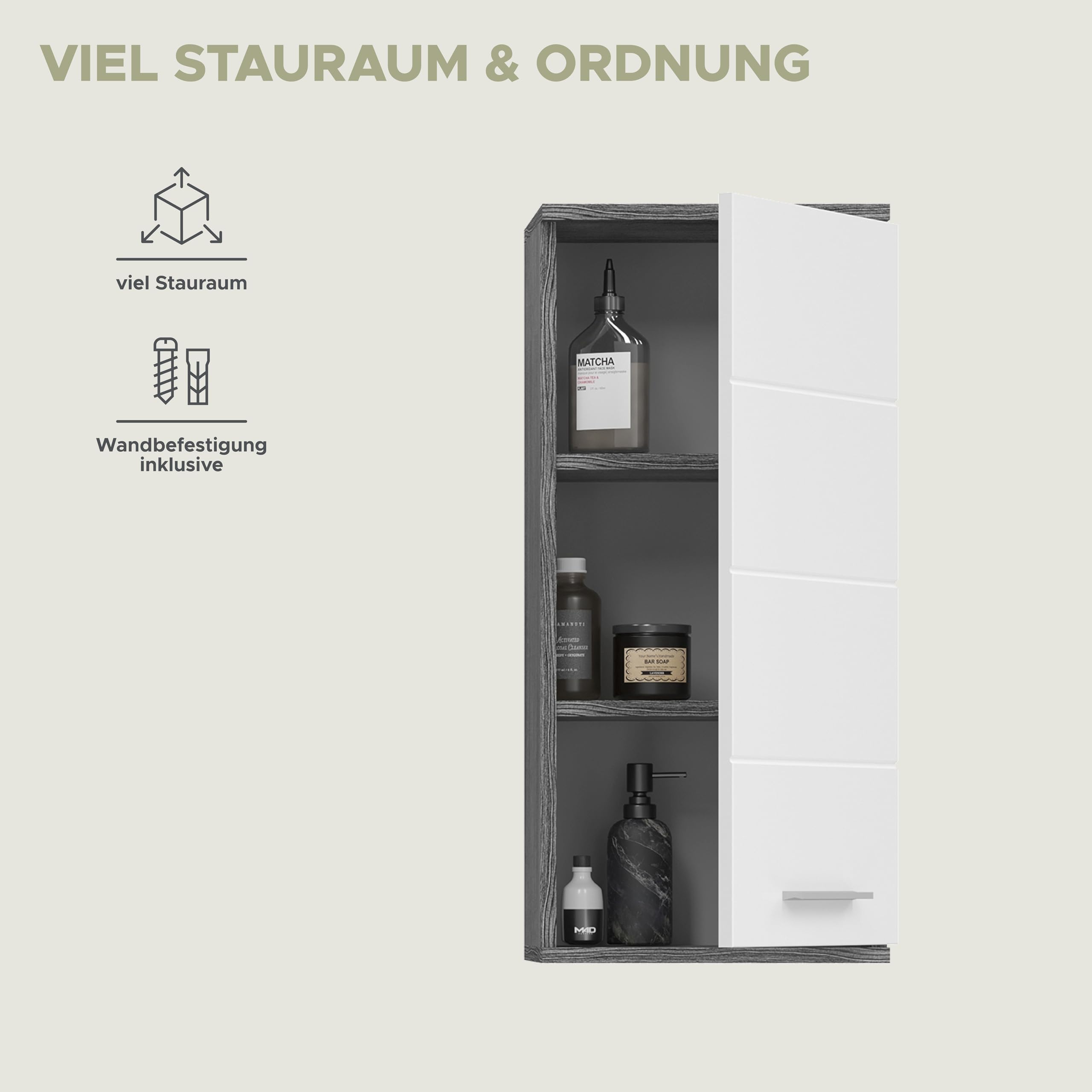 xonox.home - Hängeschrank Blake 35x77x25 cm in rauchsilber und weiß Hochglanz - Badschrank Badmöbel Wandschrank - stabile Konstruktion stilvolles Ambiente schöne Hochglanz Front