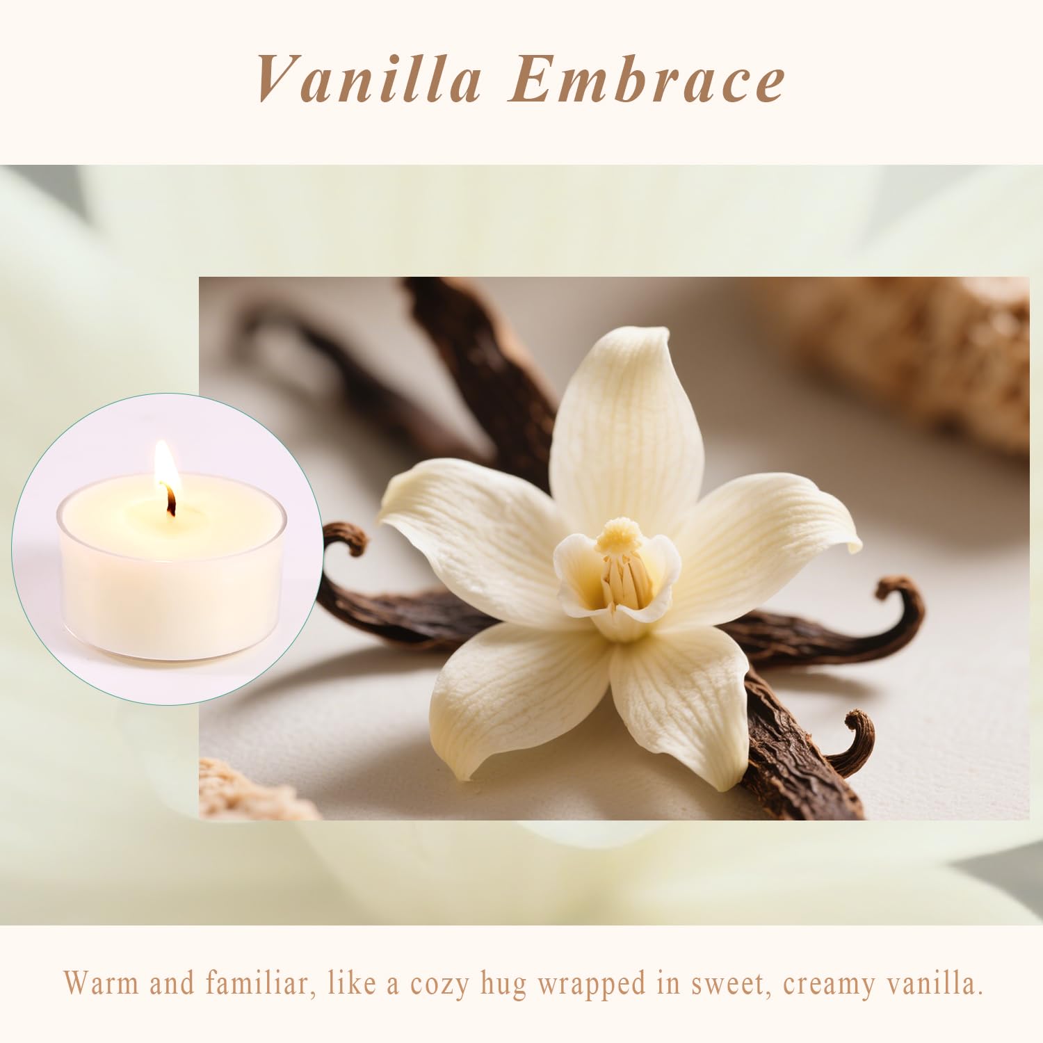 Velas de té perfumadas, Vanilla Embrace, paquete de 48 velas de té 100% cera de palma, color marfil, 6 horas de combustión, velas de té de aromaterapia de vainilla para relajación, hogar, spa, eventos