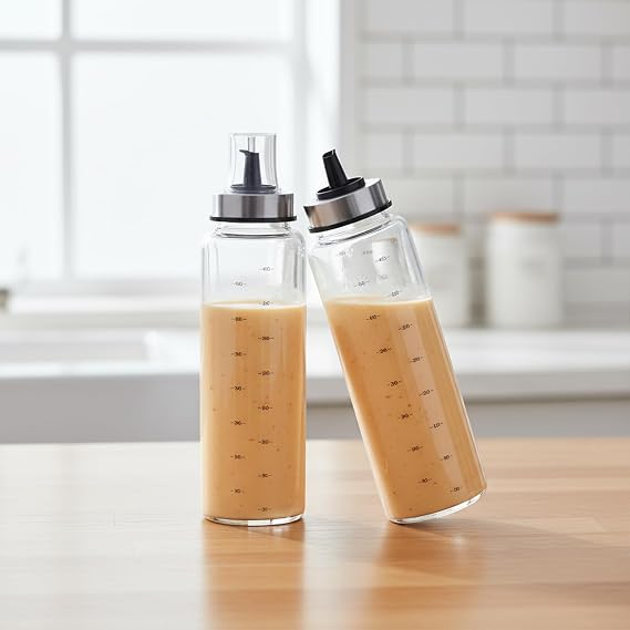 2-Pack Salad Dressing Shaker with lid - 500ml/17.6oz Borosilicate Glass Sauce Bottle, Leak-Proof Oils Vinegars & Salad Dressings Container, Condiment Bottle for marinades, Honey, Syrup - B