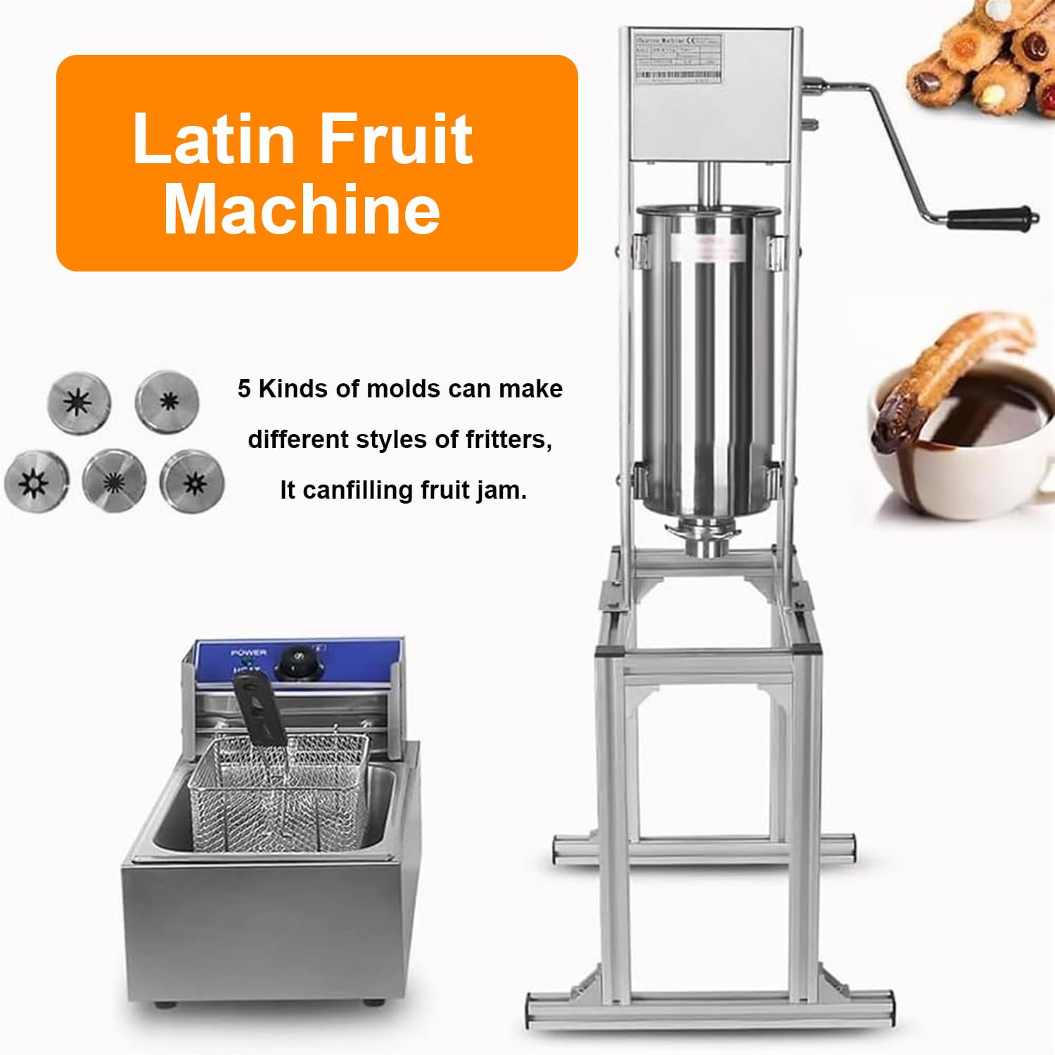Machine à Churros Manuelle de 5 L, Machine Verticale à Beignets espagnols avec friteuse de 6 L, remplisseuse de Beignets en Acier Inoxydable pour Usage Commercial ou Domestique.