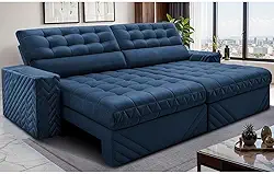 Sofá Retrátil e Reclinável 2,50m Molas Ensacadas Max Spring Velusoft Azul Cama Inbox