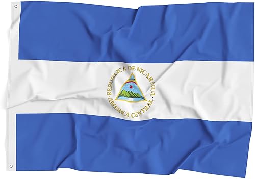 Fibra de poliéster con bandera nacional de Nicaragua de 3 x 5 pies, colores brillantes, resistente a la decoloración anti-UV, para interiores y