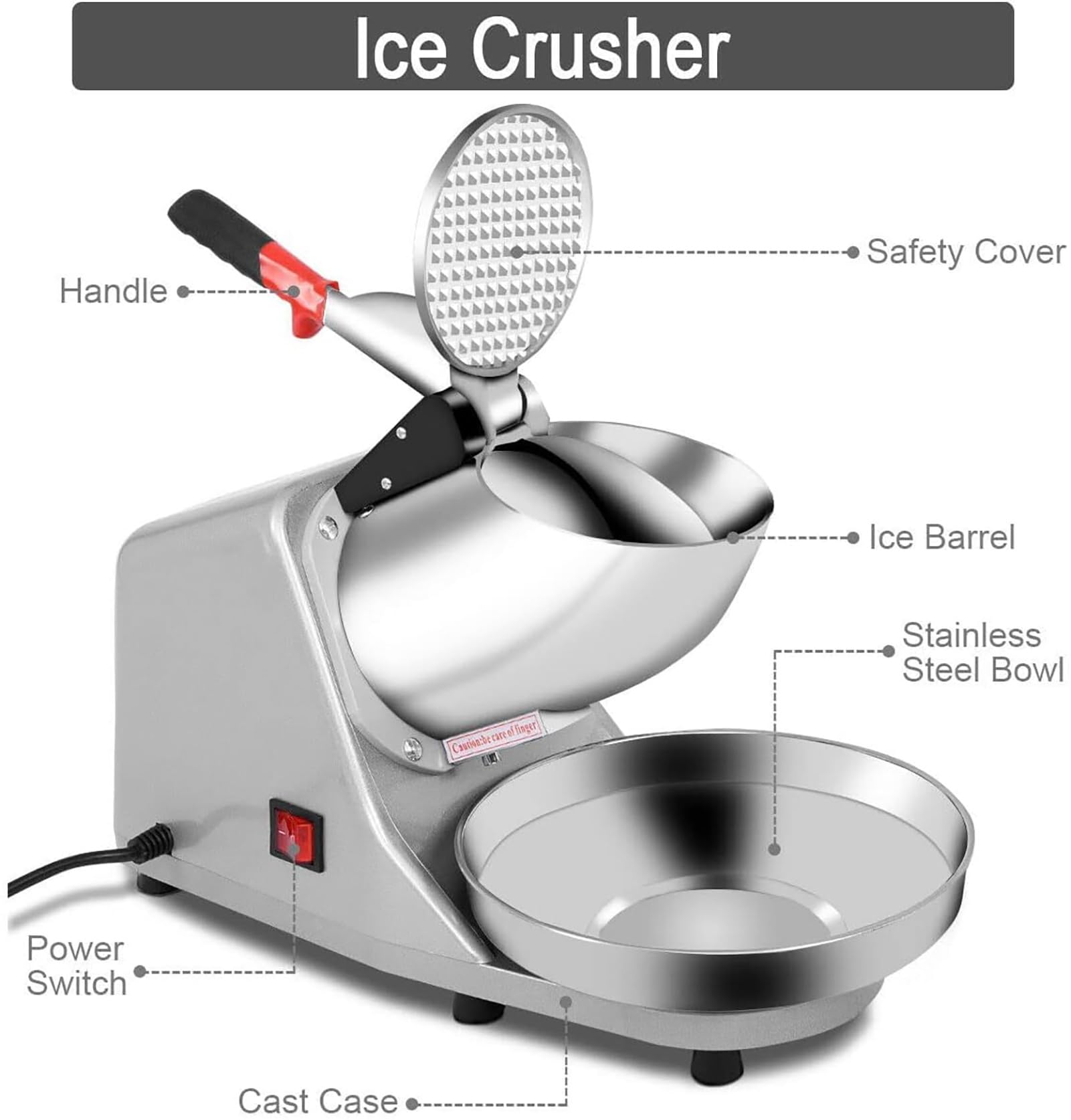 Máquina trituradora de hielo, afeitadora de doble hoja de alta velocidad de 300 W, máquina de conos de nieve de 65 kg/h con cuenco de acero inoxidable para uso doméstico para cócteles y granizados