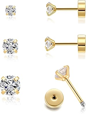 Handmade Tiny Flat Back Stud Earrings 3 Pairs 14K Gold Plated Screw Flatback 2 3 4mm Cubic Zirconia Earrings Cartilage Piercing Jewelry for Women Helix Tragus Earlobe