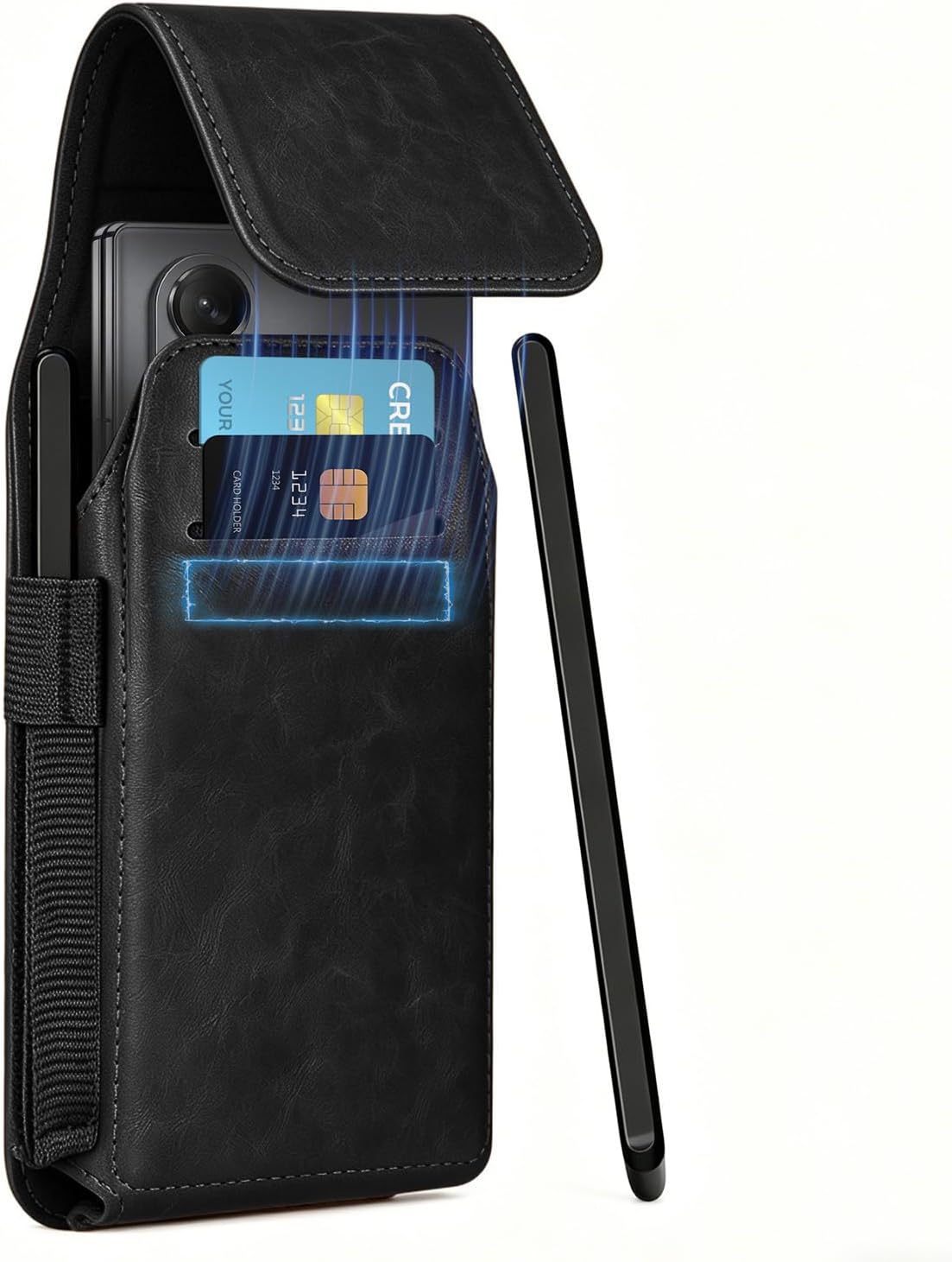 NINKI Belt Clip Holster for Samsung Galaxy Z Fold 8 7 6 5 4 3 2 Bag with Card Holder & S Pen Slot & Stylus, Leather Cover Waist Holder Pouch for Samsung Z Fold 8 Case Holsters Belt Holders Men, Black