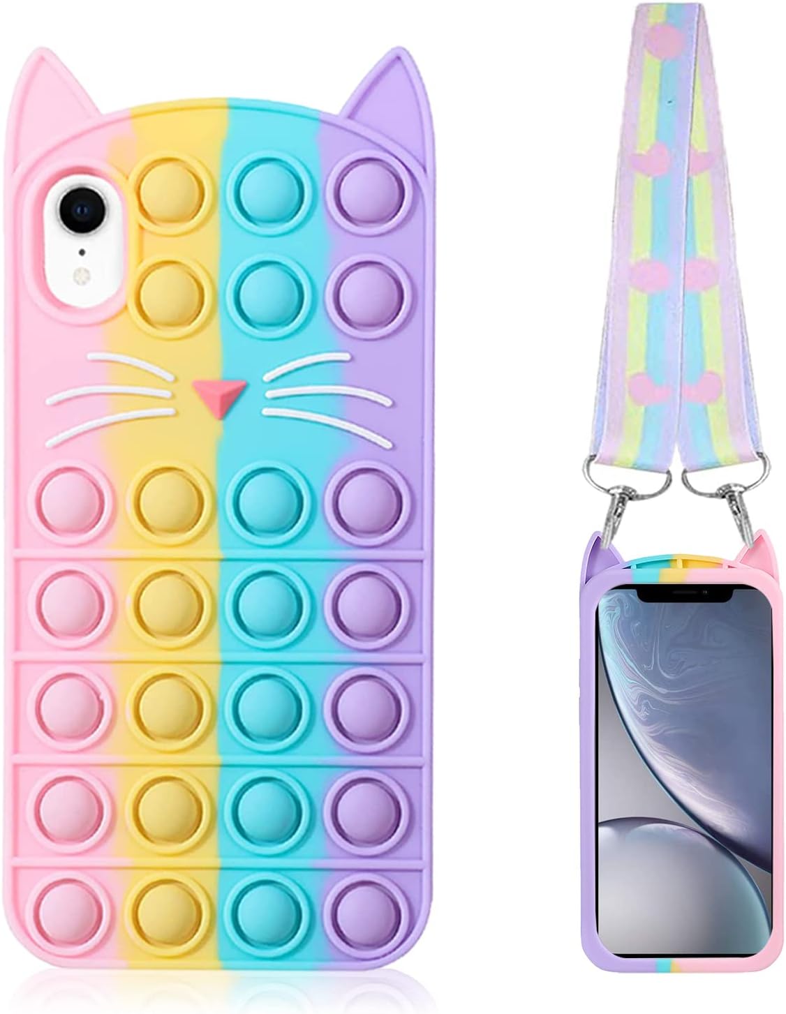 Fidget Pop Phone Case for iPhone XR [1 Pack], Stress Relief Push Pop Bubble 3D Cartoon Funny Kawaii Cute Fun Soft Silicone Design Cover for Girls Kids Boys (for iPhone XR 6.1"-1Pack Cat)