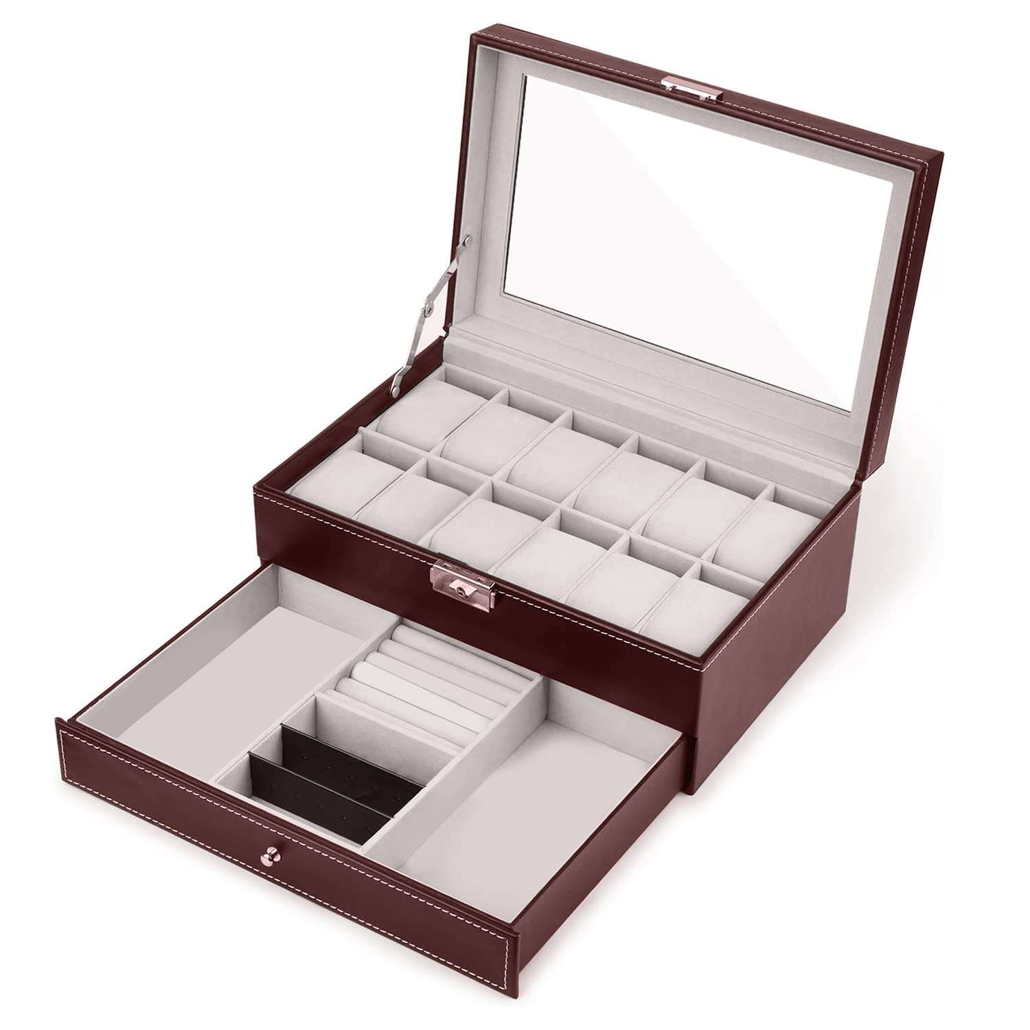 sazujinwuPU Leather Watch Storage Boxes 12 Slot , Men & Women Lockable Jewelry Display Drawer Case, 2-Tier Organizer Watch Showcase with Glass Lid