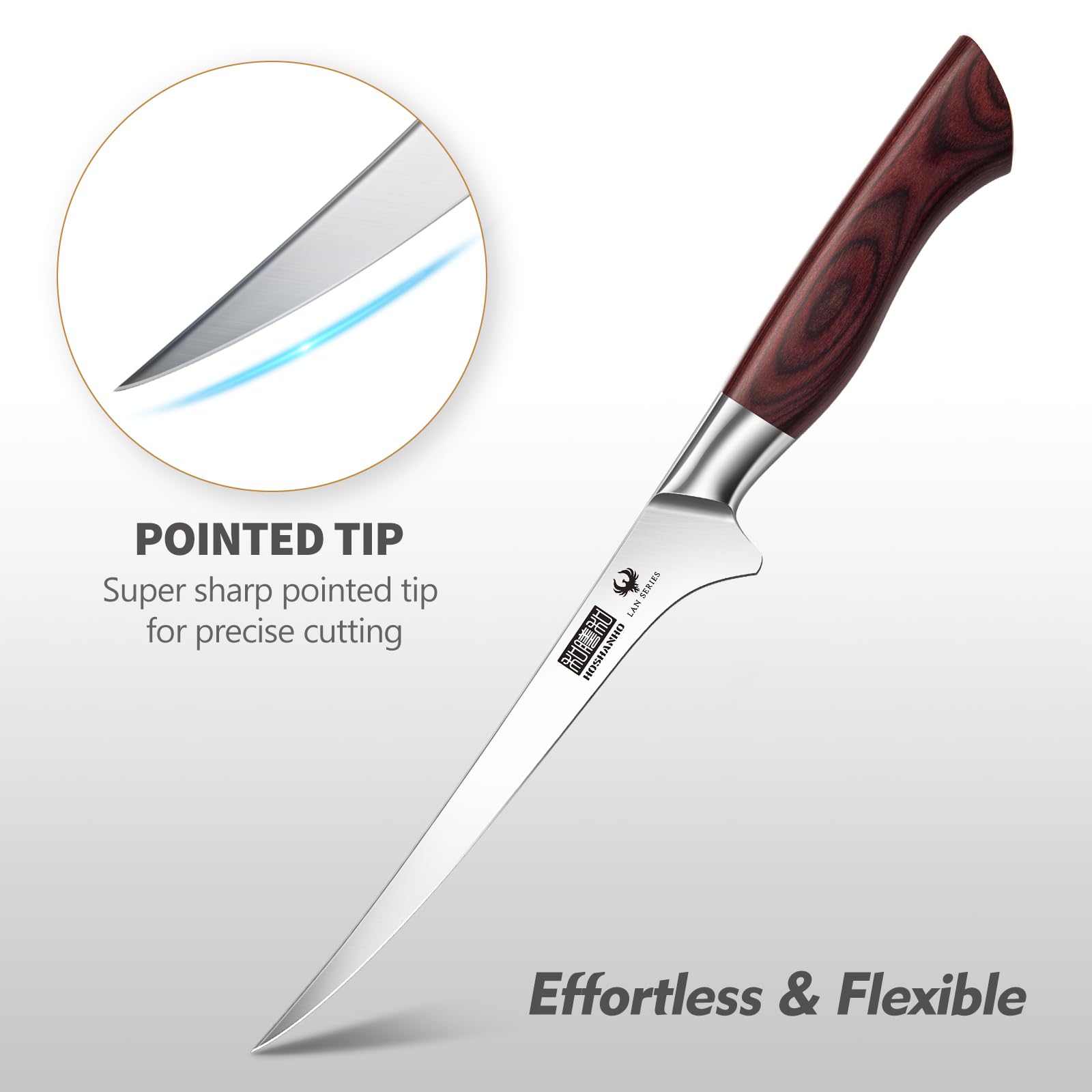 HOSHANHO Cuchillo de Filete 18 cm, Súper Afilado Japones Cuchillo para Pescado deAcero Inoxidable de Alto Carbono, Profesional Cuchillo de Filetear con Mango de Madera