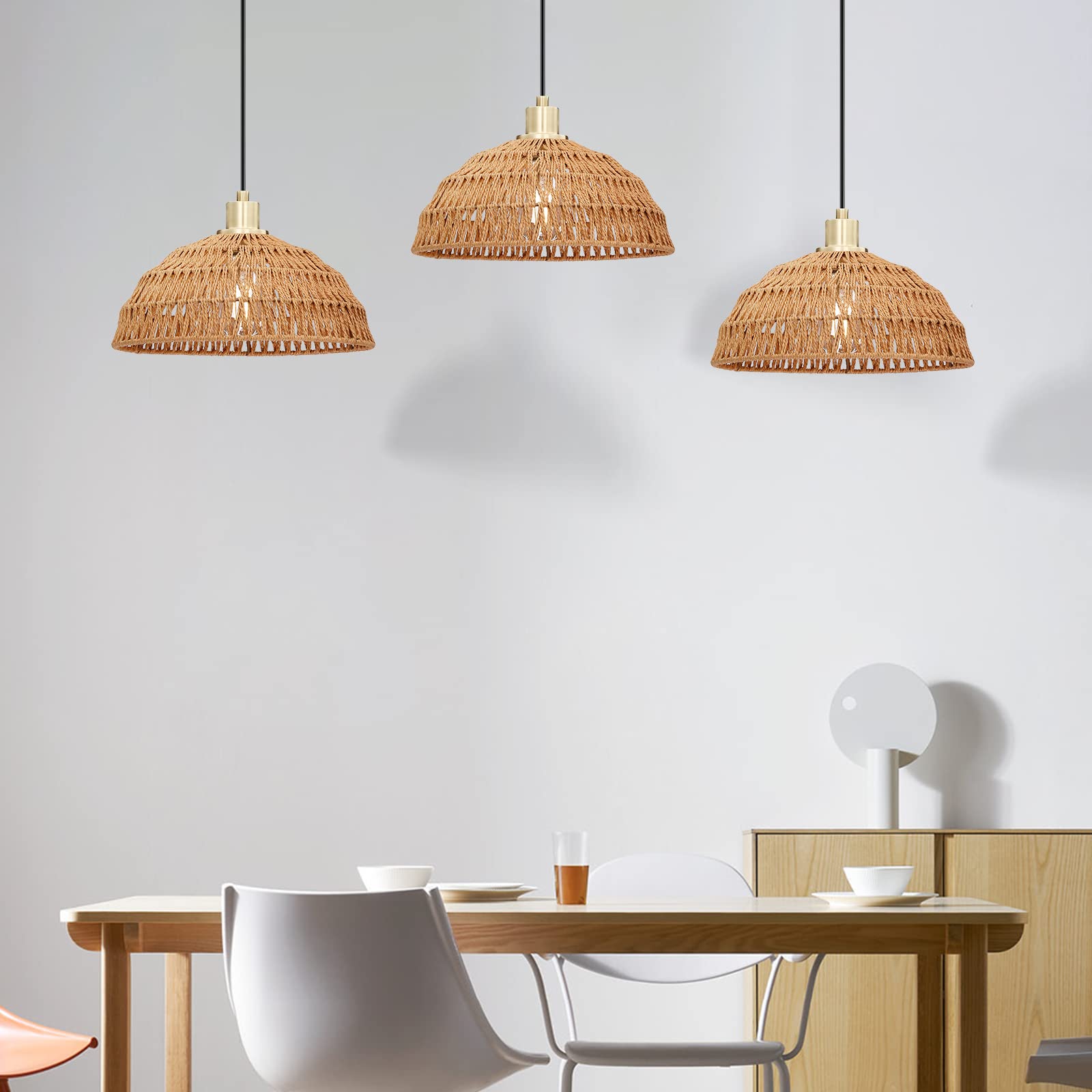 Dolaimi House 2 Pack 1 Light Linen Cord Rope Woven Boho Pendant Light,Hemp Rattan Wicker Chandeliers Hanging Light Fixture Brushed Brass Finish for Kitchen Island Dining Room Restaurant Craft Room