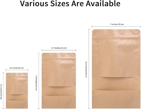 50Pcs Kraft Paper Food Bag, 12 x 20 cm Brown Zip Lock Resealable Stand Up Food Pouches with Transparent Window, Tea, Nuts, Seeds, Coffee Beans, Dried Fruits, Candy, Snacks, Cookie Bag Zip Sea