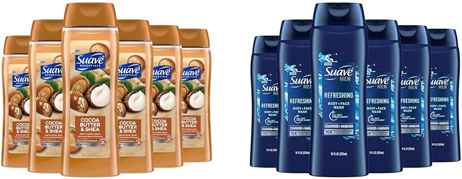 Suave Body Wash Bundle - Cocoa Butter Shea and Men's Cedarwood Mandarin Scents, Vitamin E, 18 Oz Packs of 6