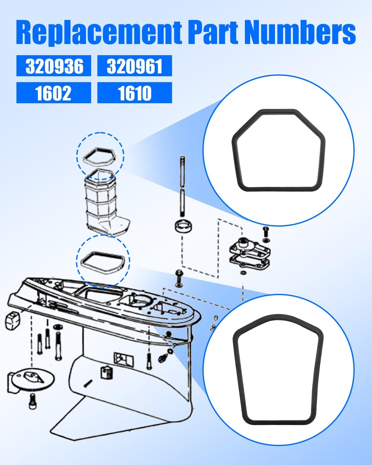 320961 Upper & Lower Exhaust Seal Kit Fit for Johnson Evinrude 75-300 HP Outboards Replace 320936, Gearcase & Exhaust Housing Seals