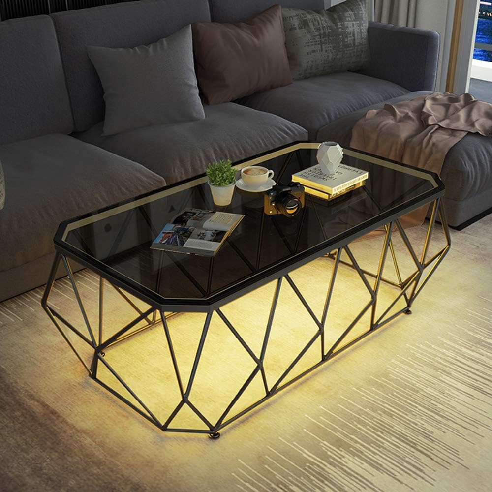 Side Table/End Table,Nordic Minimalist Tea Table Rectangle Coffee Table Tempered Glass End Table with Metal Frame and Light Strip for Living Room Bedroom Office