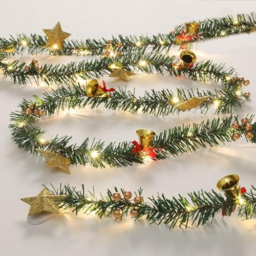 Queta Guirlande de Noël Artificielle Décoration Guirlande de Noël avec Cloche Tintante, Étoiles, Baies et Lumières LED pour Porte, Escaliers, Cheminées, Couronne de Noël 2,6 m/8,5 pi (Cloche Tintante