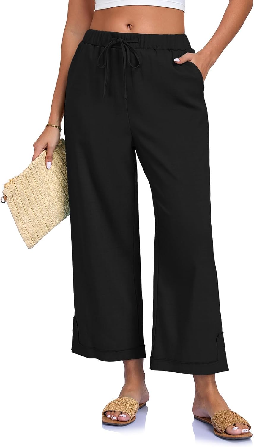 Womens Wide Leg Pants Beach Summer High Waisted Flowy Palazzo Drawstring Casual Lounge Trousers with Pockets - Image 2