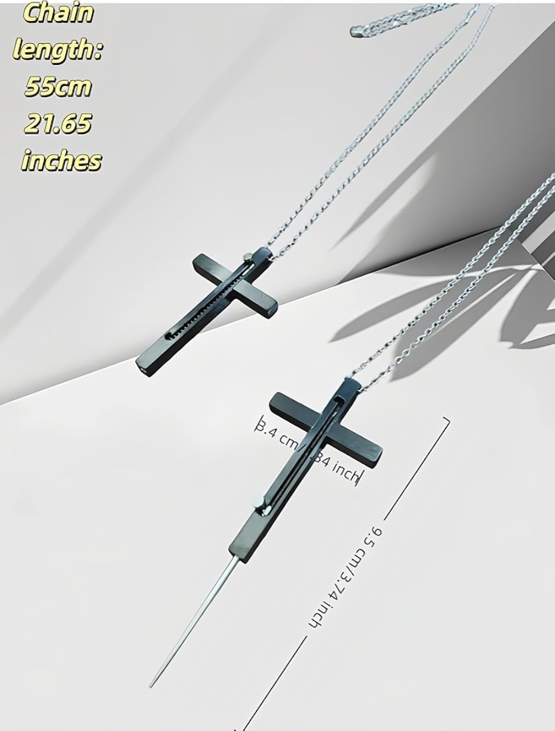 Self Defense Cross Necklace with Hidden Retractable Spike, Stainless Steel, 21 Inch Chain, Safety Lock, 3.74 Inch Extended Length
