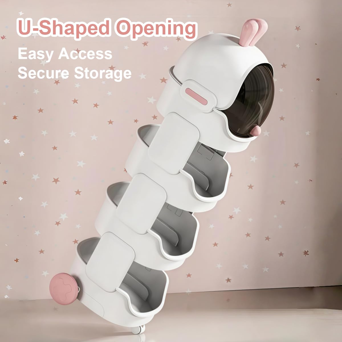 Space Bunny Toy Storage Organizer with Wheels & Top Lid, 4 Tier Foldable Kids Storage Shelf, Stackable Rolling Cart with Brakes for Baby Nursery, Playroom, Bedroom