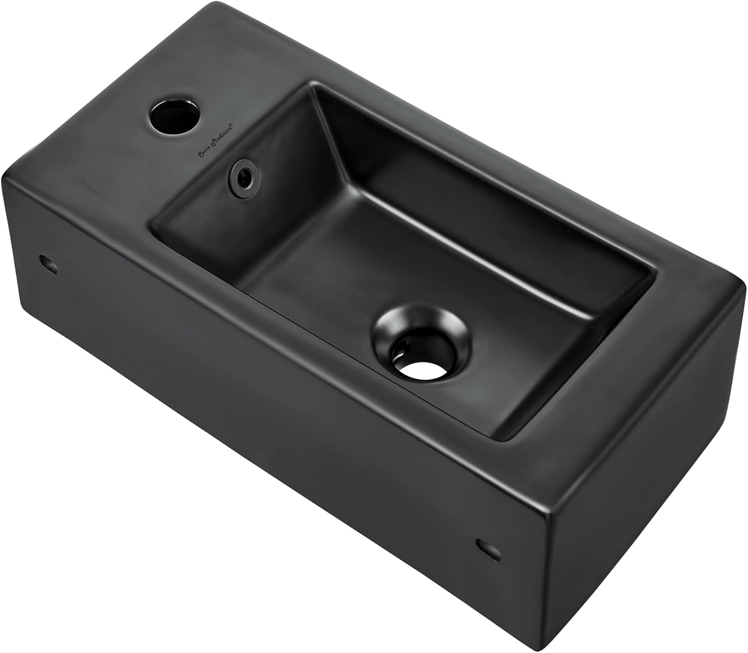 Voltaire 19.5 x 10 Rectangular Ceramic Wall Hung Sink with Right Side Faucet Mount, Matte Black