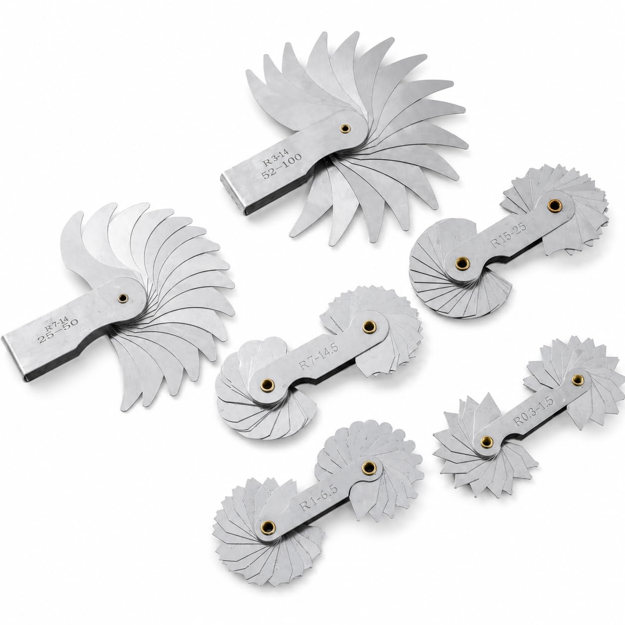 KATSU Radienlehre 6 Stück R0.3-1.5 / R1-6.5 / R7-14.5 / R15-25 / R25-50 / R52-100 Metall Radius Filetlehre Lehr Tragbares konkaves konvexes Messwerkzeug Ingenieure