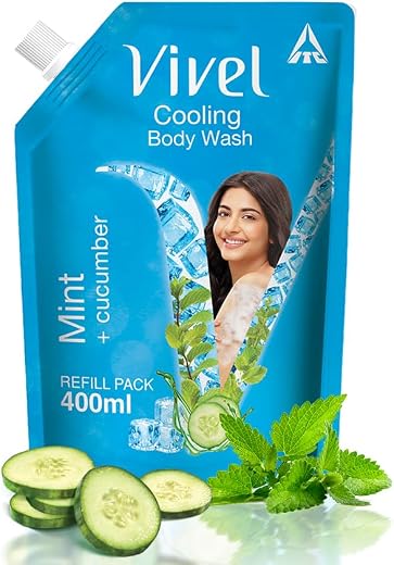 Vivel Cooling Body Wash, Mint &amp; Cucumber Shower Gel, 400 ml Supersaver Refill Pouch, Moisturizing &amp; Fragrant Bodywash, For...