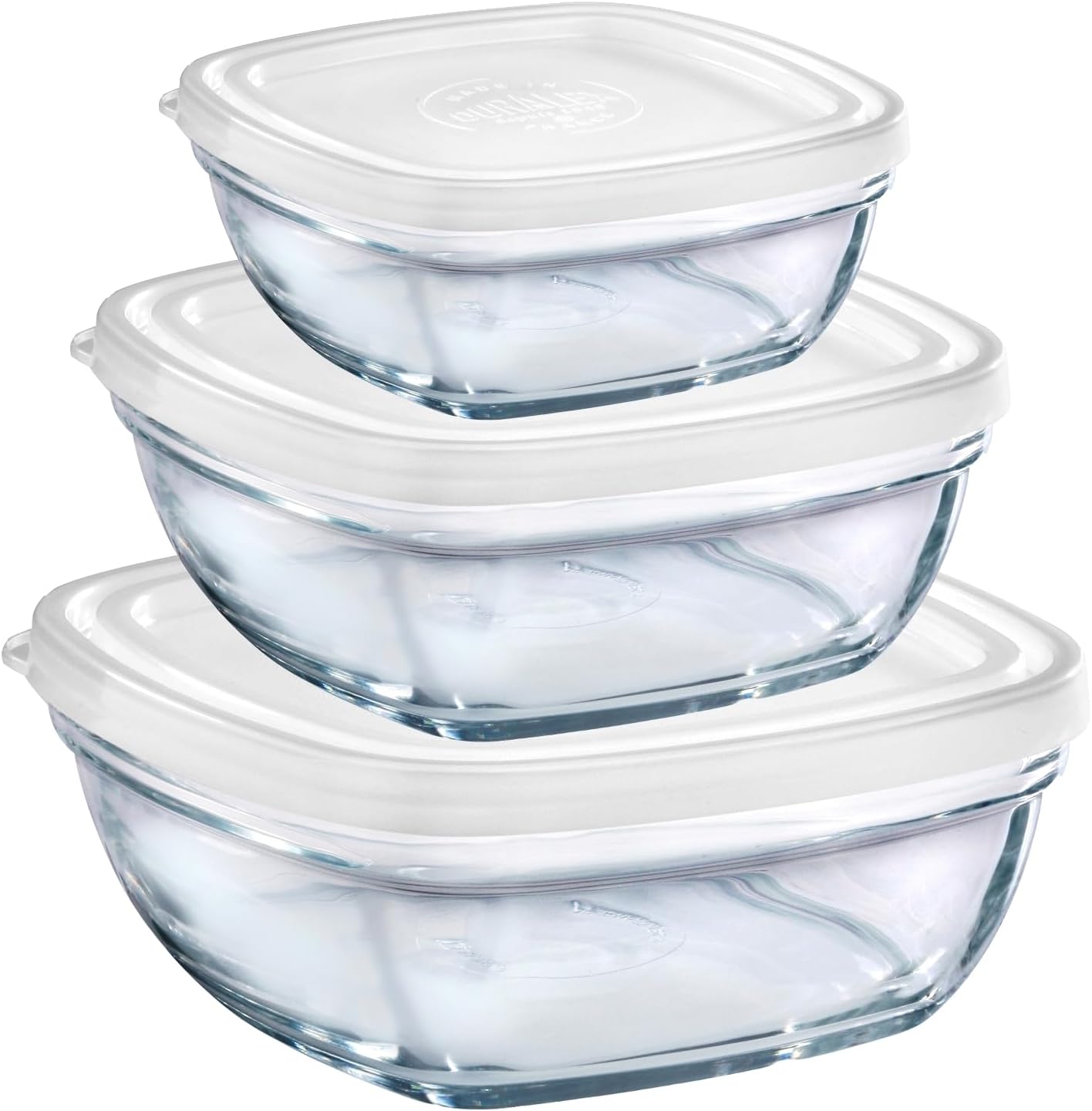 Duralex - Lys Square Stackable Bowl with White Lid, Set of 3 Sizes