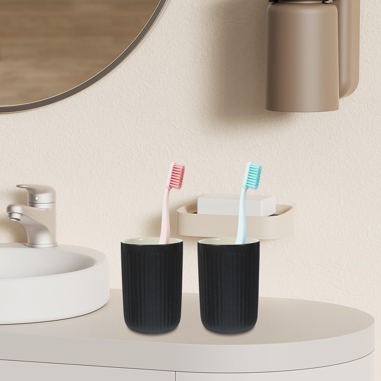 YARNOW Vasos para Cepillos de Dientes y Cómodo Juego de 2 de Cerámica Negra de 300ml, Fácil de Limpiar para Uso Hogar o Camping
