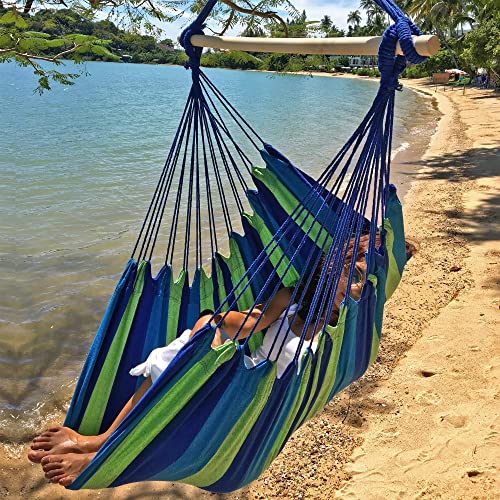Hammock Sky Large Brazilian Hammock Chair Cotton Weave - Extra Long Bed - Hanging Chair for Yard, Bedroom, Porch, Indoor/Outdoor (Blue & Green)