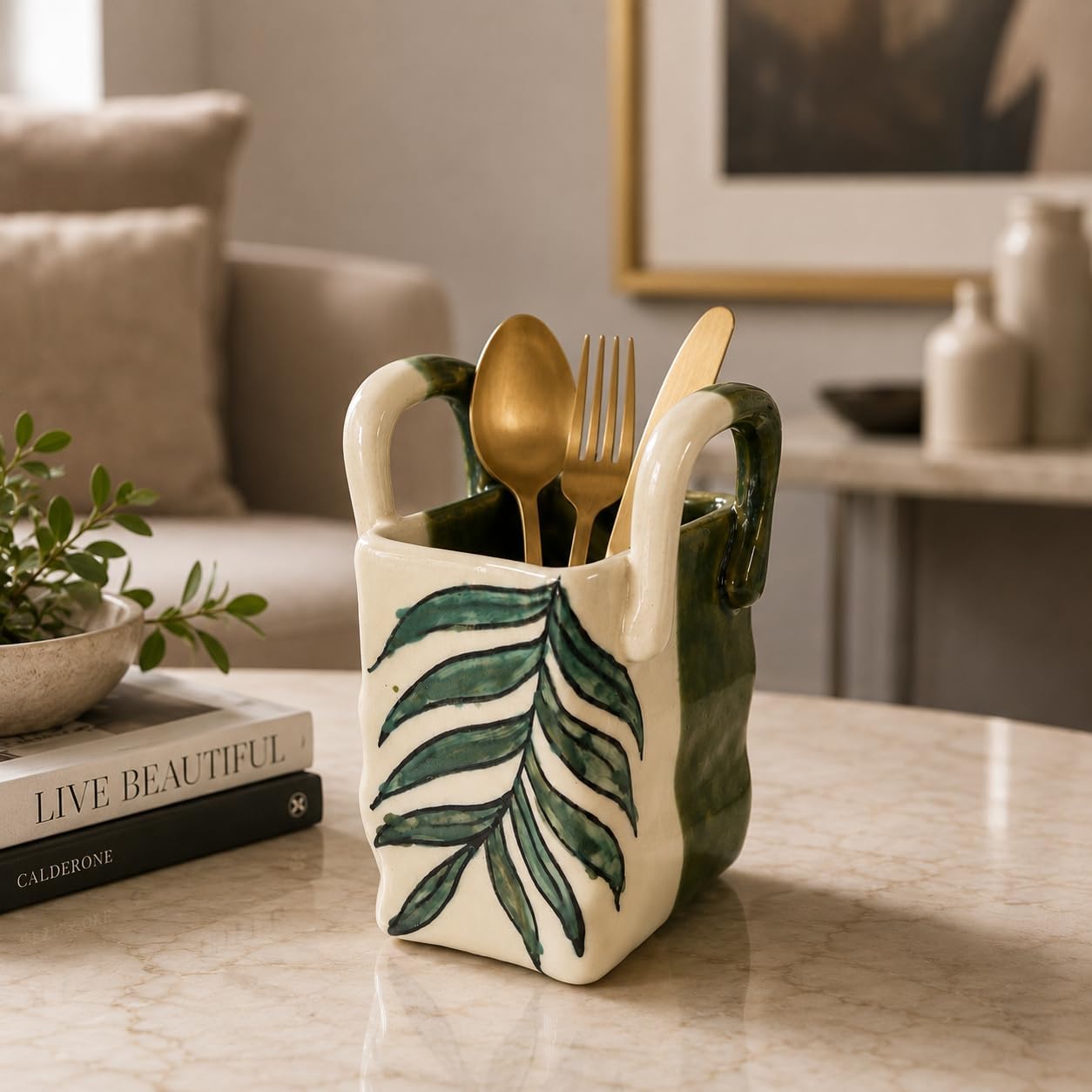 Ceramic Cutlery Holder for Kitchen – 450 ml Utensil Organizer – White Floral Design – Spoon Stand for Kitchen Counter, Dining Table & Home Decor (Mini Green Leaf)-image-17