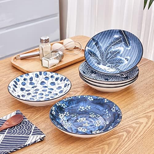 Ceramic Pasta Bowls Set,Blue and White Salad Bowl 20cm Dinner Shallow Plates Set of 6,Serving Appetizer Dessert Snack (8 Inch x 6pcs)