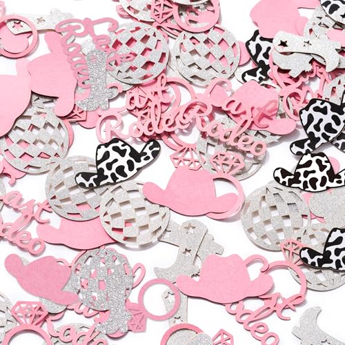 Image of BeYumi Cowgirl Bachelorette Table Decor - 300Pcs Western Cowgirl Table Confetti Decoration Pink Glitter Last Rodeo Disco Ball Ring Boot Cowboy Hat Paper Confetti Decor for Birthday Engagement Party