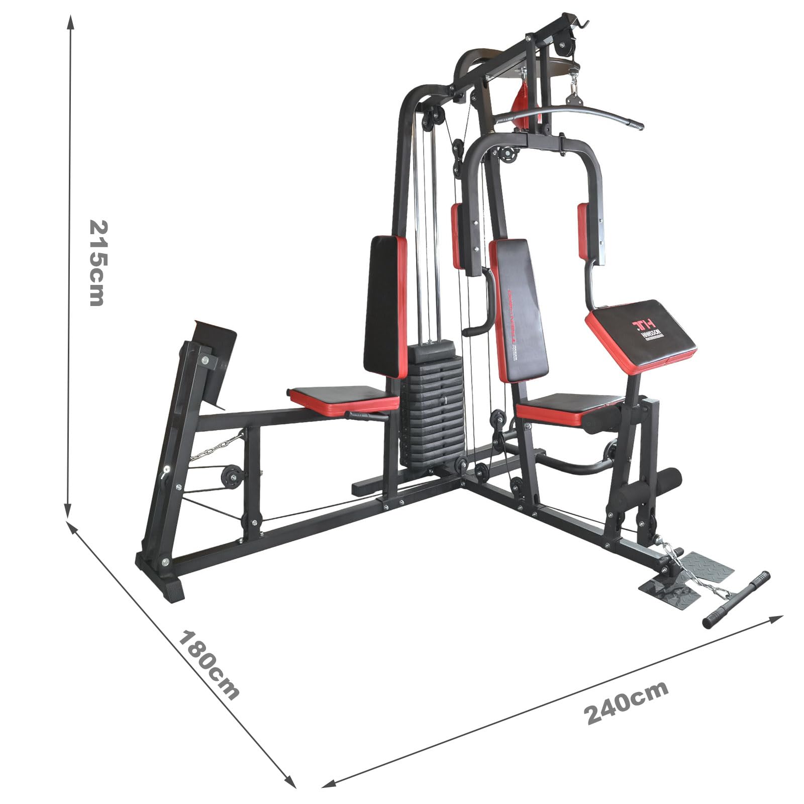 Trainhard HomeGym Multi estación de gimnasio con 65 kg pesos con las piernas de prensa, Speedball-plataforma y push-up Bar